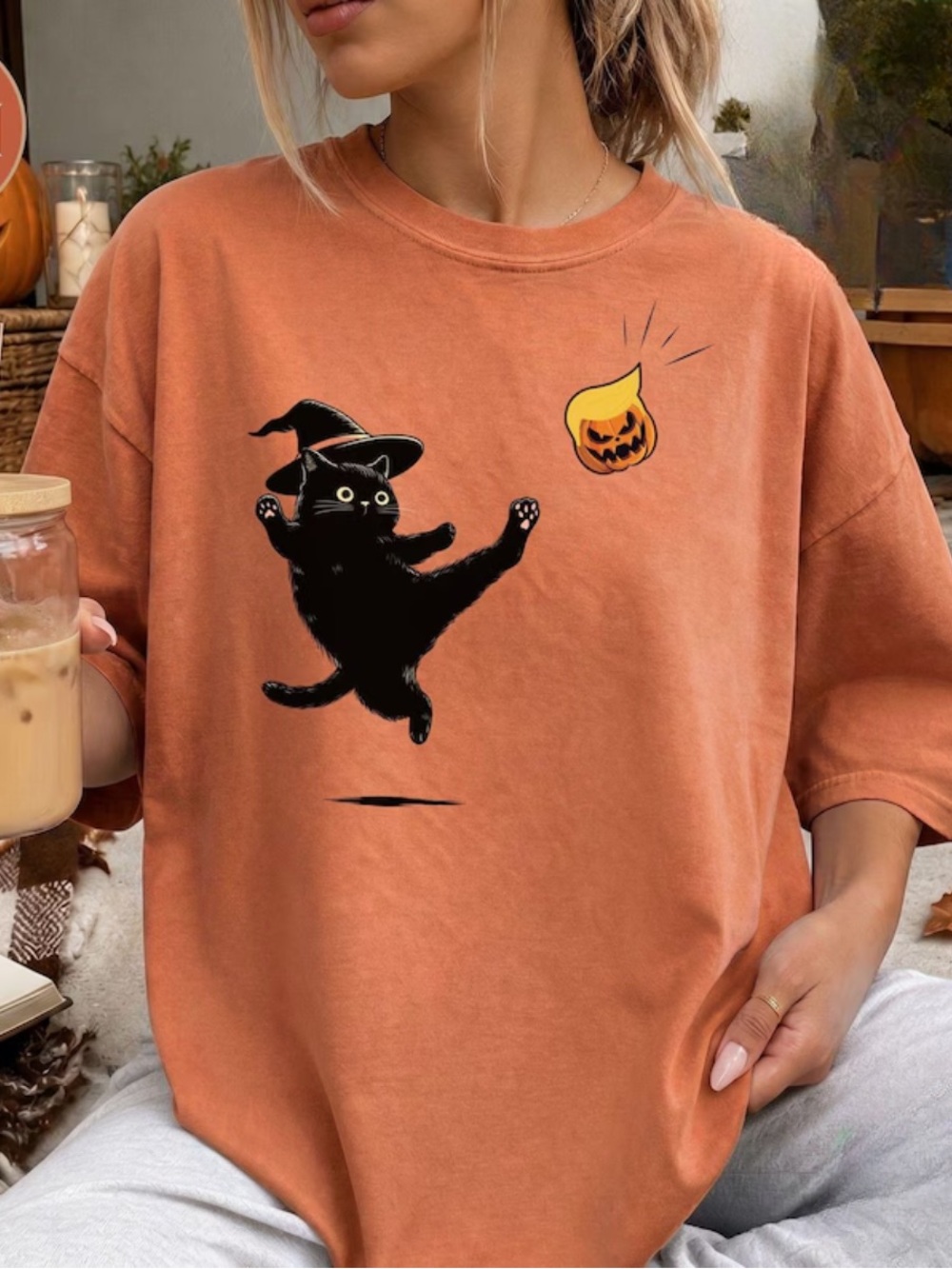 Comfort Colors Yam Halloween Black Cat Graphic Tee, Retro Cat Shirt For Unisex